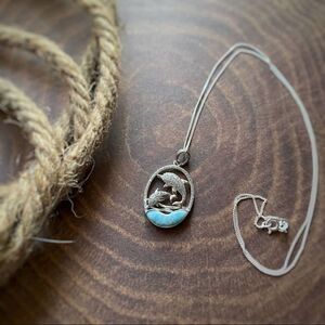 Natural Larimar CZ Dolphin 18k Plated Sterling Silver Necklace